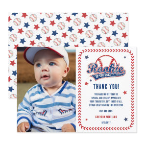 Baseball Rookie 1st Birthday Party Photo  Thank You Card