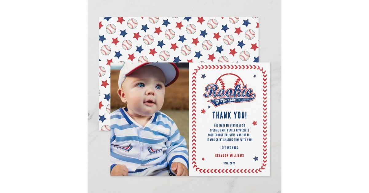Baseball Rookie 1st Birthday Party Photo Thank You Card | Zazzle