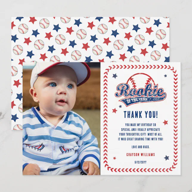 Baseball Rookie 1st Birthday Party Photo Thank You Card | Zazzle