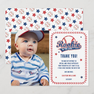 Baseball Rookie 1st Birthday Party Photo Thank You Card