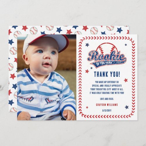 Baseball Rookie 1st Birthday Party Photo  Thank You Card