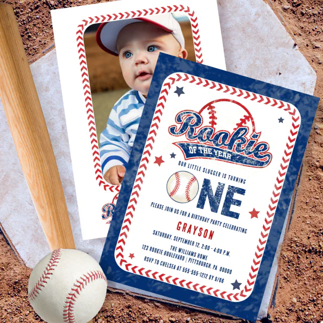 Baseball Rookie Back Photo 1st Birthday Party Invitation | Zazzle