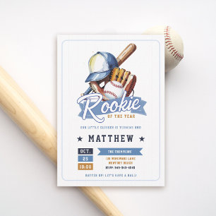 Baseball Rookie Ball Bat Cap Blue Boy 1st Birthday Invitation