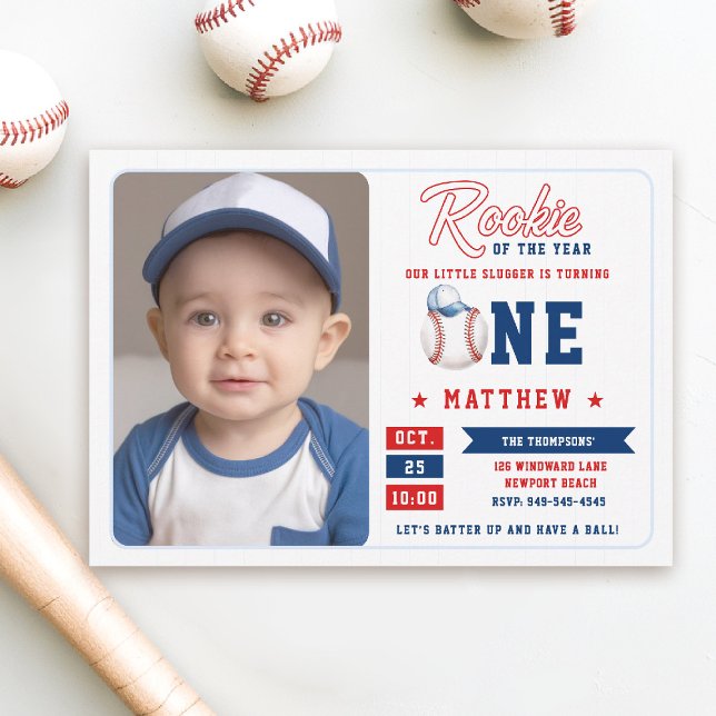 Baseball Rookie Cap Stripes Photo Boy 1st Birthday Invitation (rookie of the year 1st birthday invite boy baseball theme sports all star red blue stripes photo)