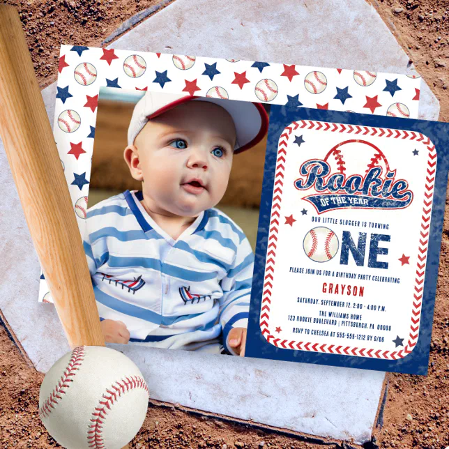 Baseball Rookie Front Photo 1st Birthday Party Invitation | Zazzle