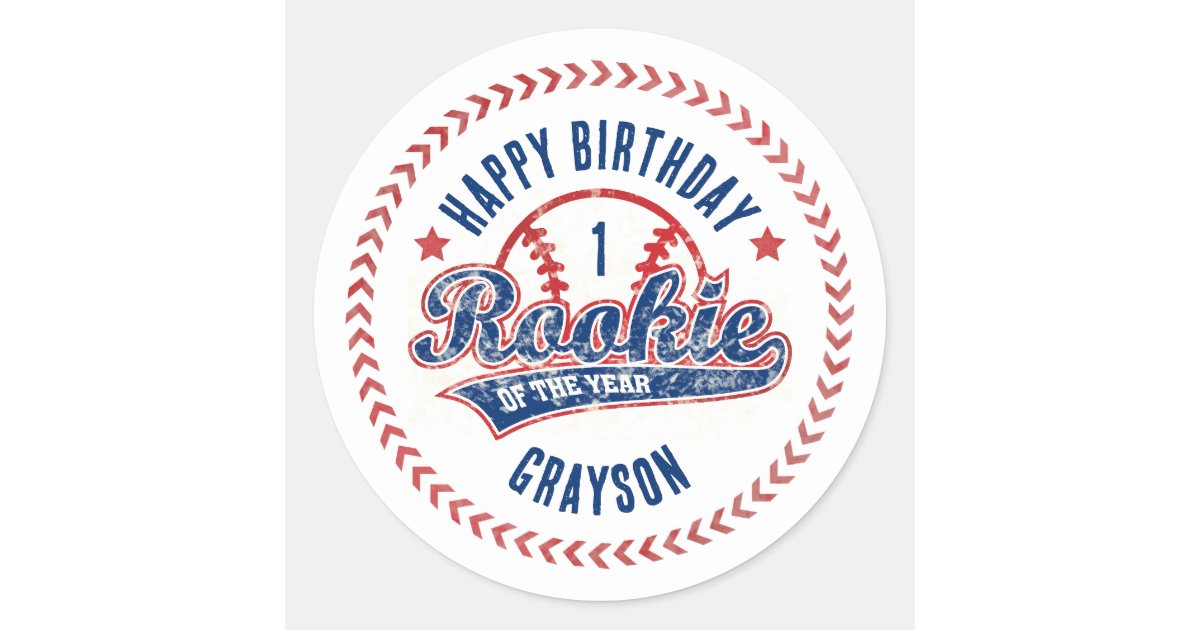 Baseball Rookie of the Year 1st Birthday Party Classic Round Sticker ...