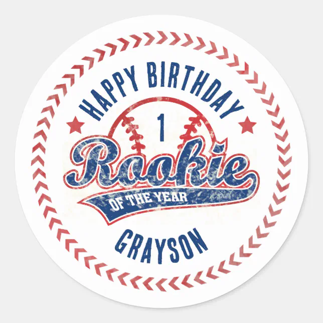 Baseball Rookie of the Year 1st Birthday Party Classic Round Sticker ...