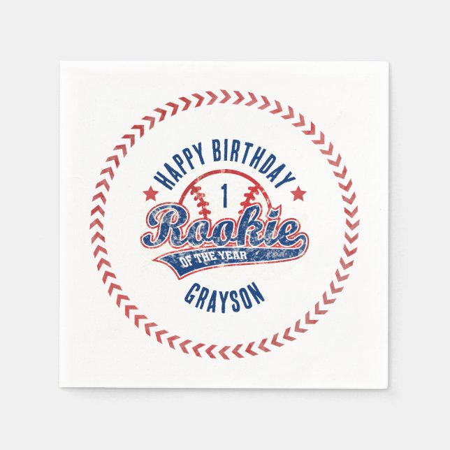 Baseball Rookie of the Year 1st Birthday Party Napkins (Front)