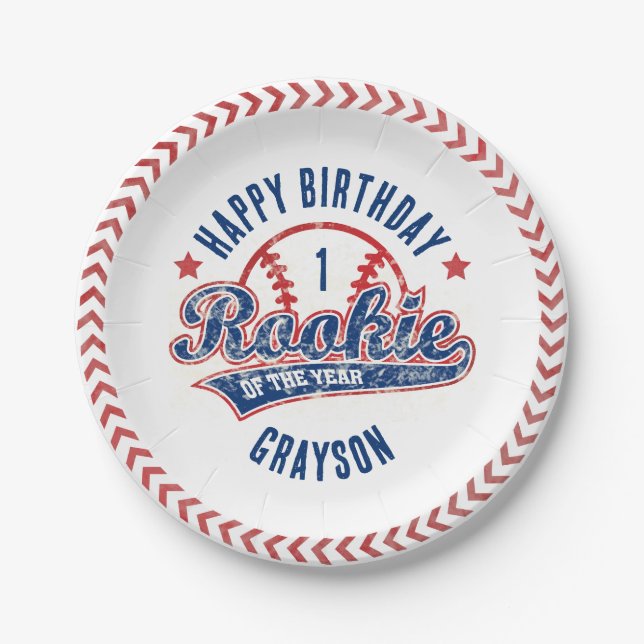 Baseball Rookie of the Year 1st Birthday Party Paper Plates (Front)