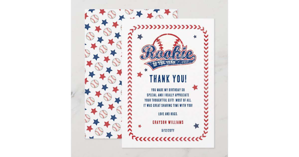 Baseball Rookie of the Year 1st Birthday Party Thank You Card | Zazzle