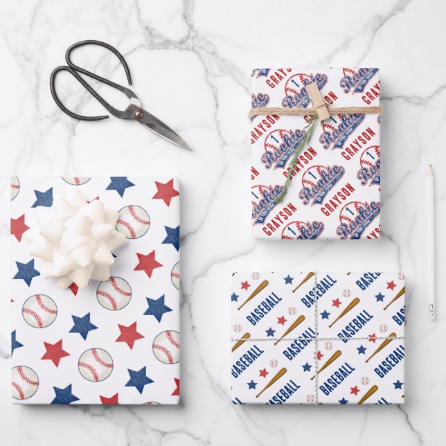 Baseball Rookie of the Year 1st Birthday Party Wrapping Paper Sheets (Front)