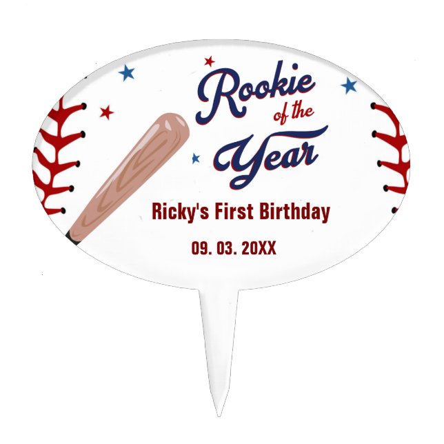 Baseball Rookie of the Year Baseball 1st Birthday Cake Topper (Front)