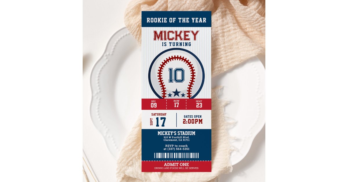 Baseball Rookie Of The Year Birthday Party Ticket Invitation | Zazzle