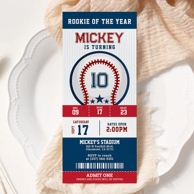 Baseball Rookie Of The Year Birthday Party Ticket Invitation | Zazzle