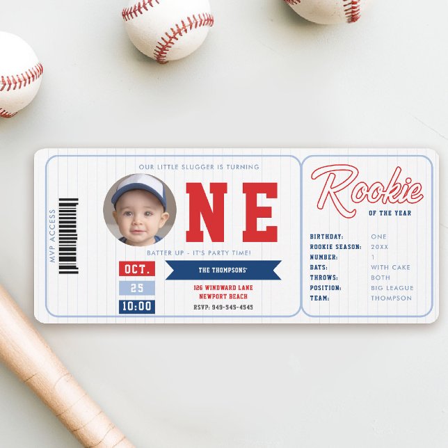 Baseball Rookie Stats Red Ticket Boy 1st Birthday Invitation (baseball 1st birthday invite boy little slugger rookie of the year player stats red blue ticket )