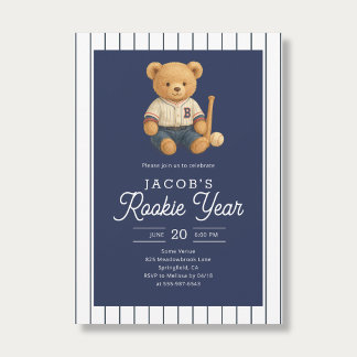 Baseball Rookie Teddy Bear 1st Birthday Invitation