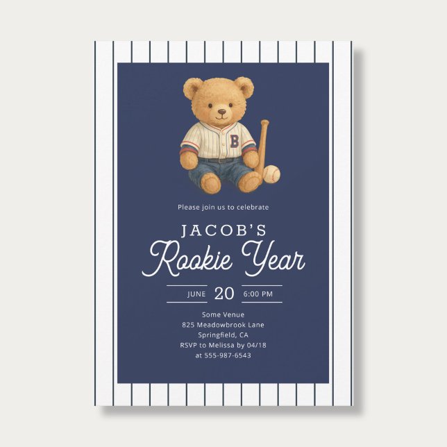 Baseball Rookie Teddy Bear 1st Birthday Invitation (Creator Uploaded)