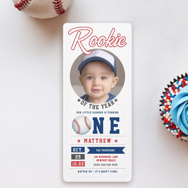 Baseball Rookie Ticket Fun Photo Boy 1st Birthday Invitation (rookie of the year 1st birthday invite boy baseball theme sports ticket blue red card)