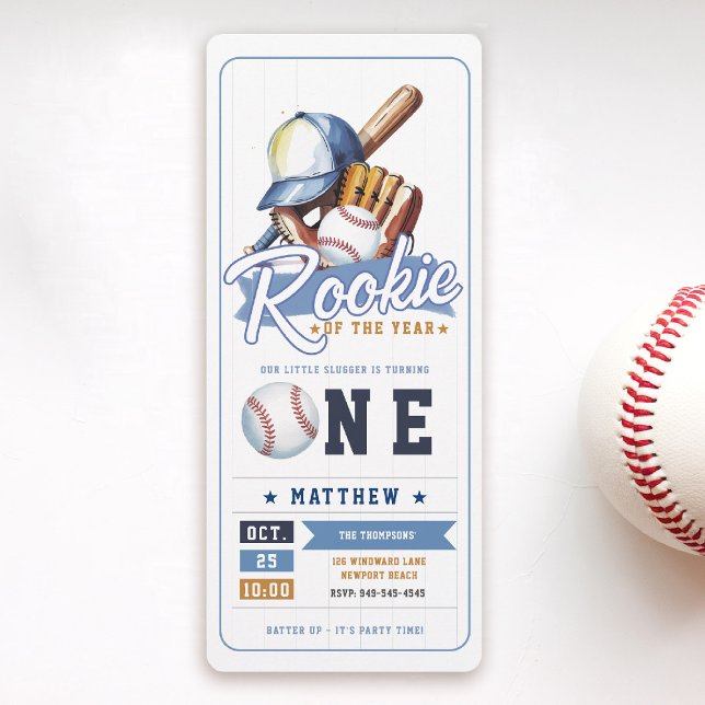 Baseball Rookie Ticket Sports Boy 1st Birthday Invitation (rookie of the year 1st birthday invite boy baseball theme sports ticket blue brown card)
