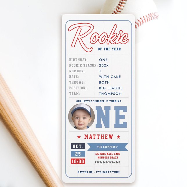 Baseball Rookie Ticket Stats Blue Boy 1st Birthday Invitation (baseball 1st birthday invite boy little slugger rookie of the year player stats ticket fun template)