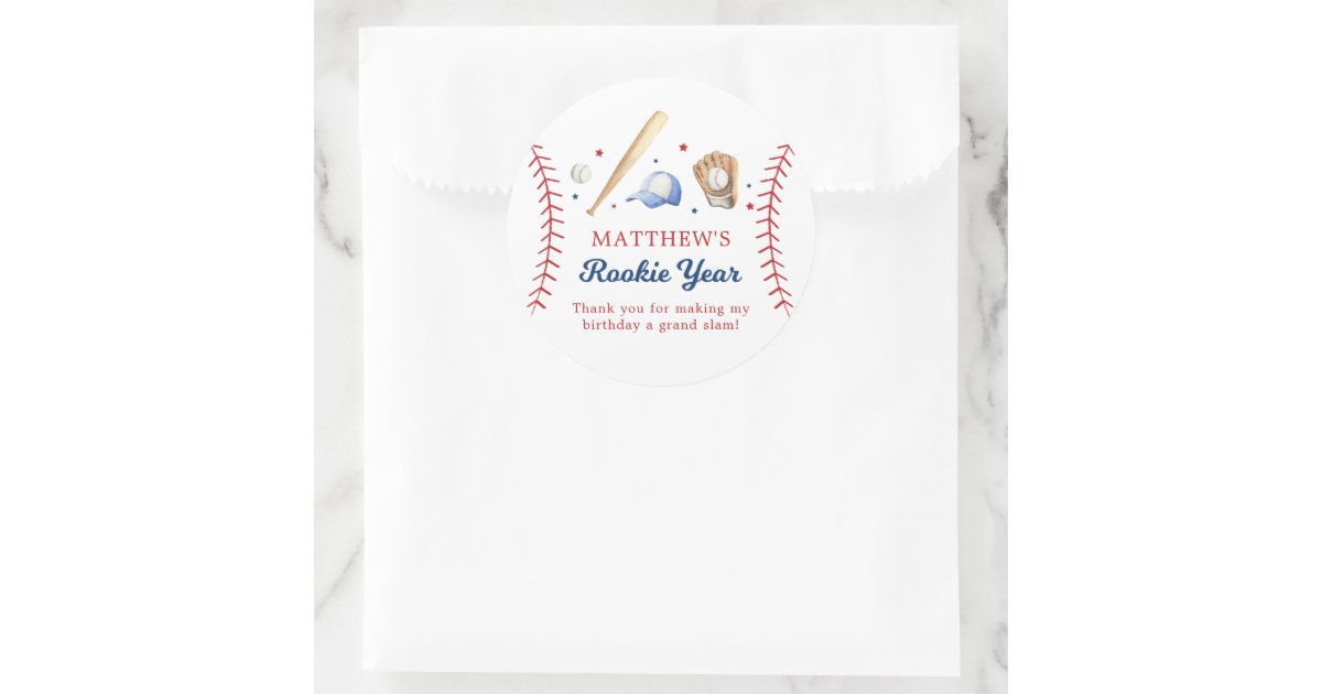 Baseball Rookie Year Birthday Thank You Classic Round Sticker | Zazzle