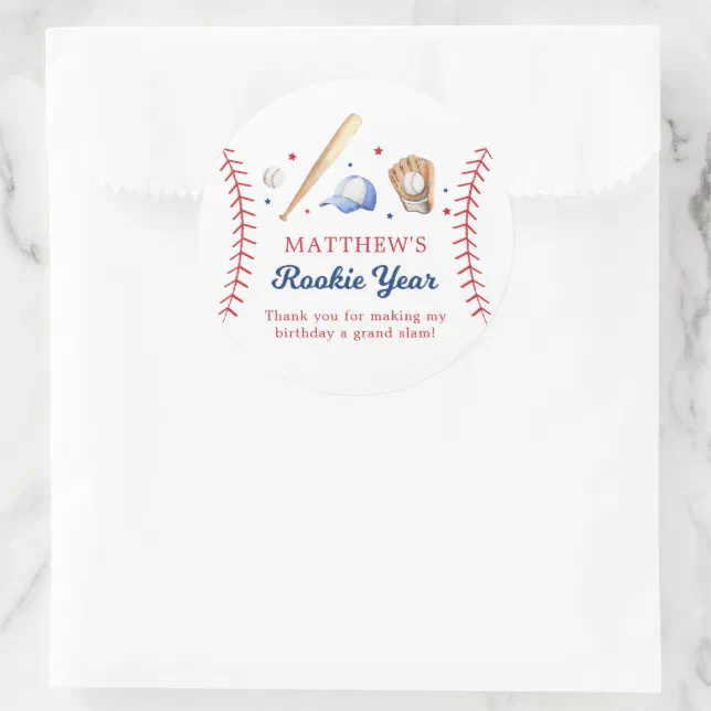 Baseball Rookie Year Birthday Thank You Classic Round Sticker | Zazzle