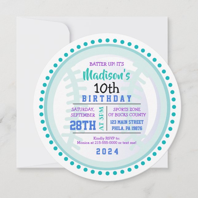 BASEBALL ROUND Aqua Birthday Party Invitation (Front)