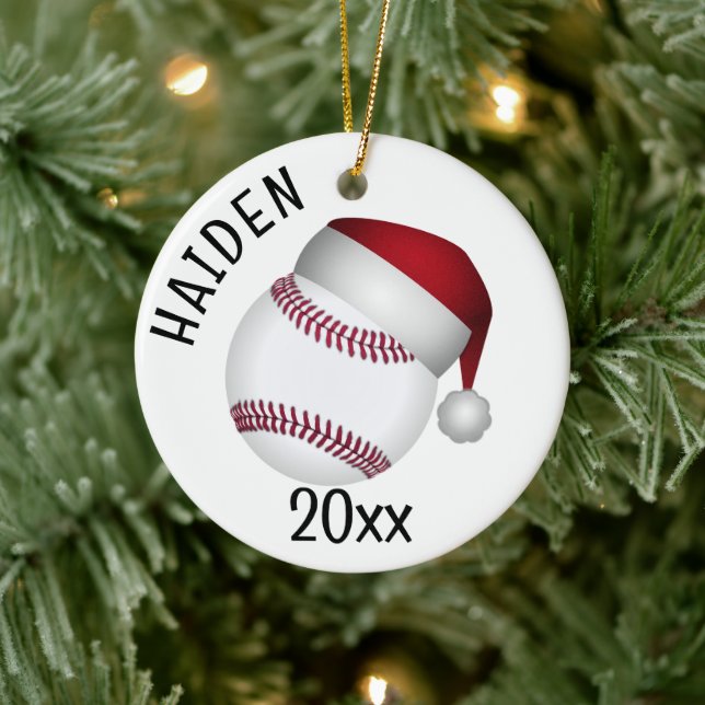 Baseball Santa Hat Christmas Ceramic Ornament (Tree)