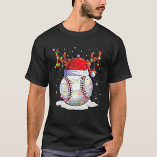 Baseball Santa Hat Reindeer Christmas Lights Funny T-Shirt