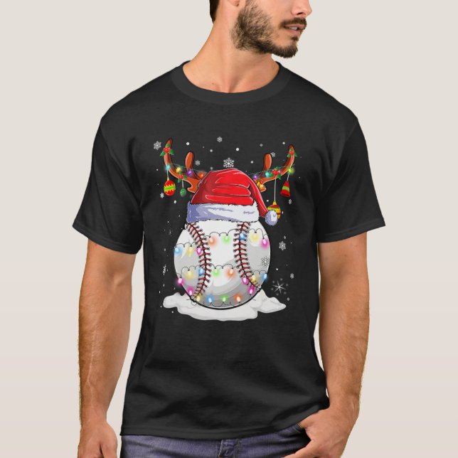 Baseball Santa Hat Reindeer Christmas Lights Funny T-Shirt (Front)
