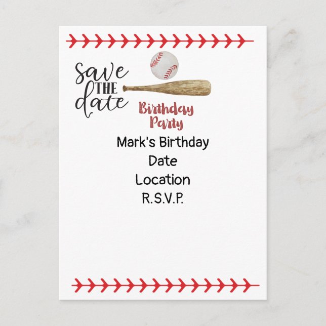 Baseball Save the Date for Birthday   Invitation Postcard (Front)