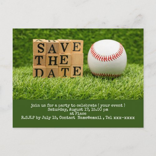 Baseball save the date with ball and bat on green postcard