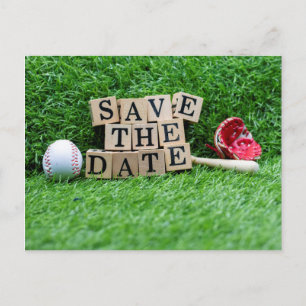 Baseball Save the date with ball and bat on green Postcard