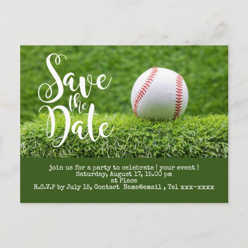 Baseball save the date  with ball on green grass postcard