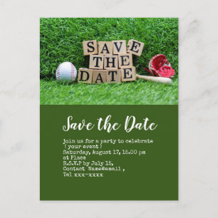 Baseball save the date with ball on green postcard