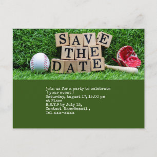 Baseball save the date with ball on green postcard
