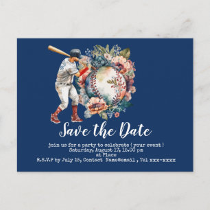Baseball save the date with floral ball on blue postcard
