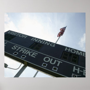 Baseball scoreboard with American flag Poster