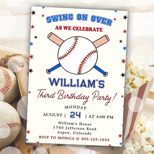 Baseball Second 3rd Birthday Party Batter Up Invitation