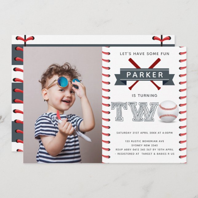 Baseball Second Birthday Boy Photo Invitation (Front/Back)