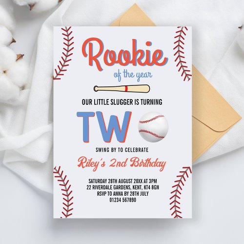 Baseball Second Birthday Rookie of The Year 2 Year Invitation
