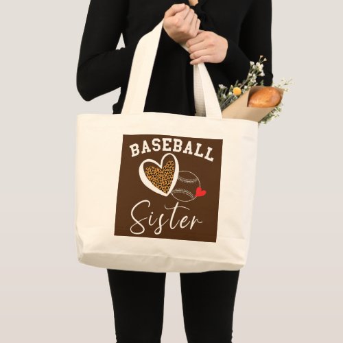 Baseball Sister Leopard Heart Funny Mothers Day  Large Tote Bag