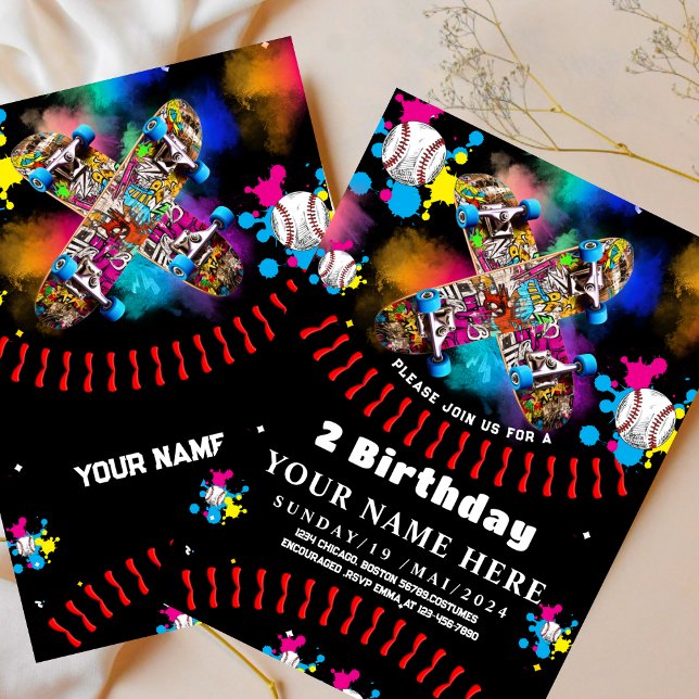 Baseball skateboard graffiti colorful party Black Invitation (Creator Uploaded)