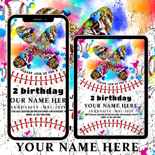 Baseball skateboard graffiti colorful party invitation