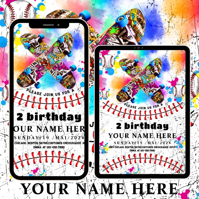 Baseball skateboard graffiti colorful party invitation (Creator Uploaded)