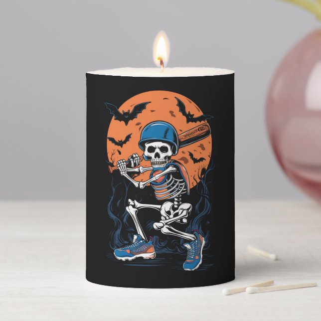 Baseball Skeleton Halloween Baseball Halloween Pillar Candle (In Situ)