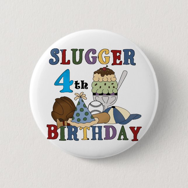 Baseball Slugger 4th Birthday Pinback Button (Front)