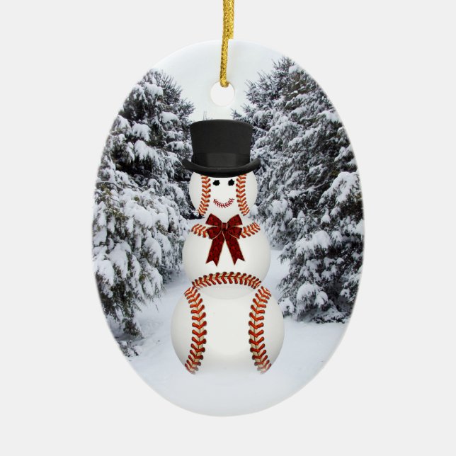 Baseball Snowman Ceramic Ornament (Front)