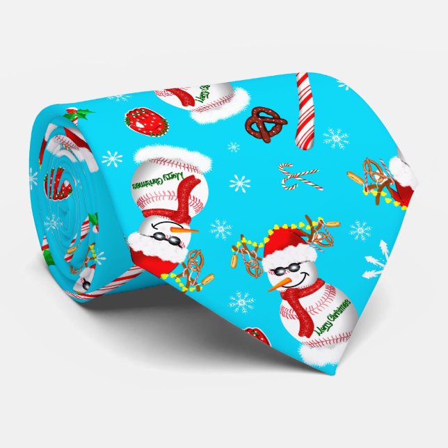 Baseball Snowman Christmas Celebration Pattern  Neck Tie (Rolled)