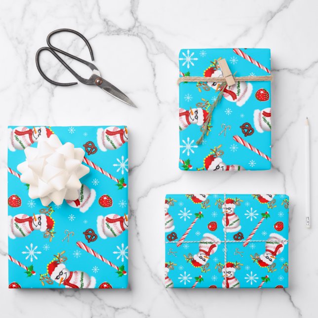 Baseball Snowman Christmas Celebration Pattern Wrapping Paper Sheets (Front)